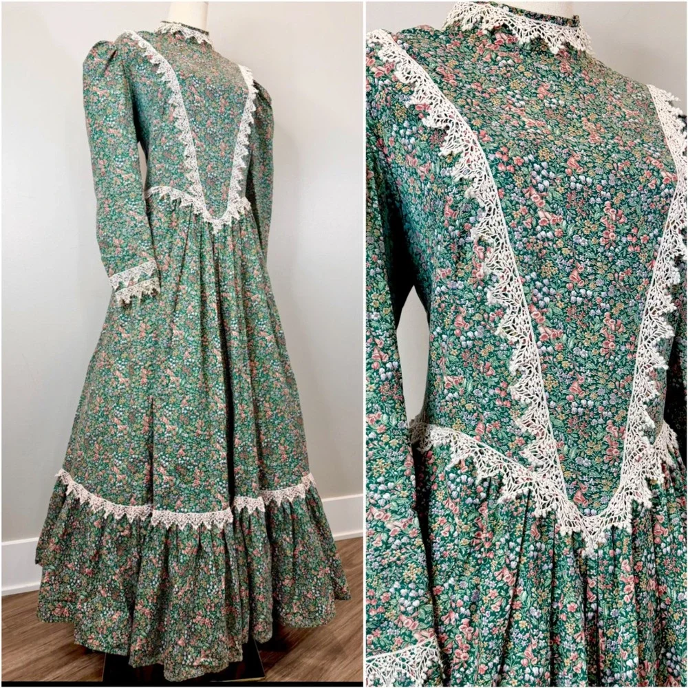 Vintage 1970s Prairie Dress Green Victorian Edwardian Antique Style 70s Fit L XL